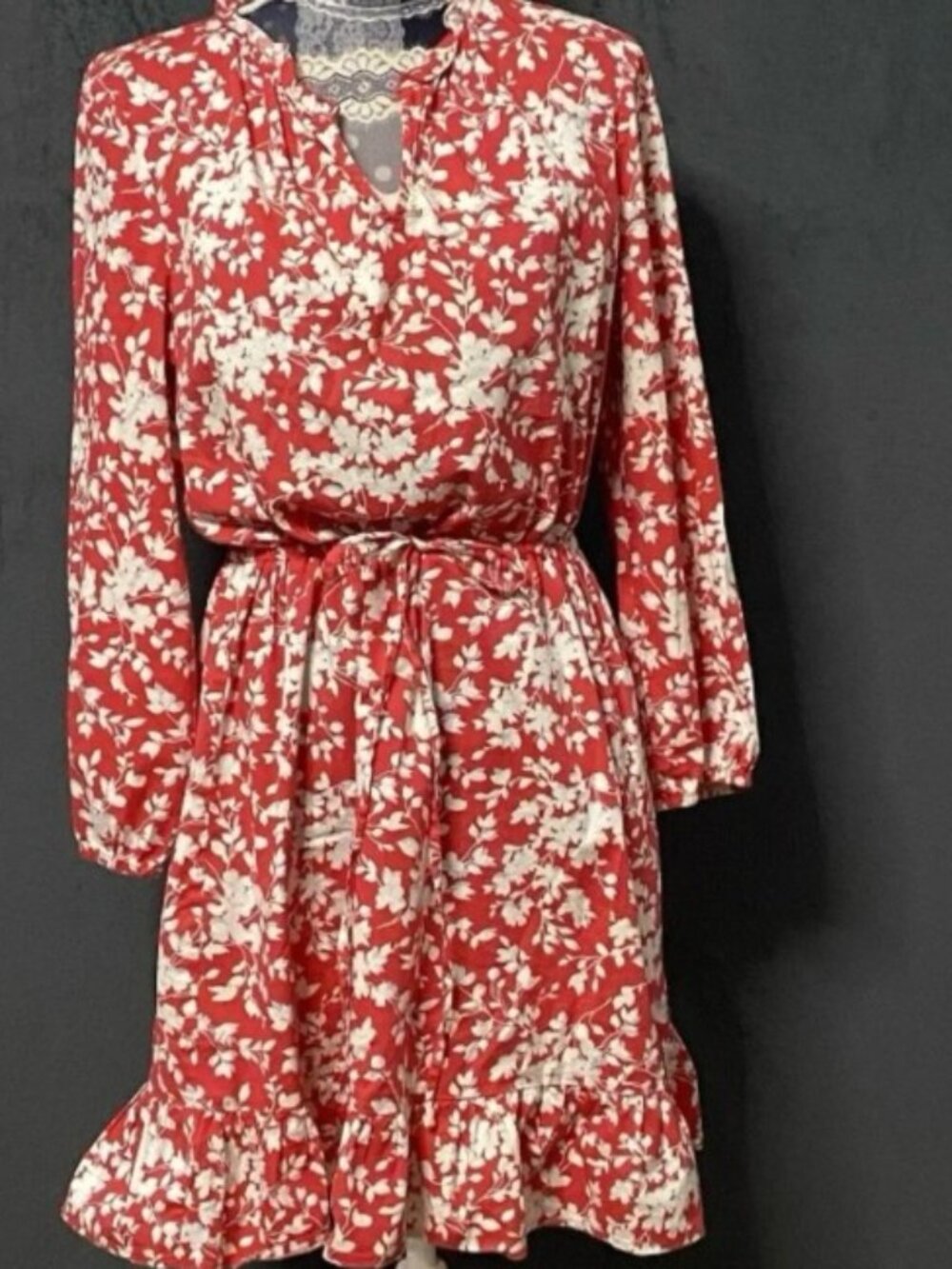 Draper James Women's Floral Long Sleeve Ruffle Hem Cinch Waist Dress Large